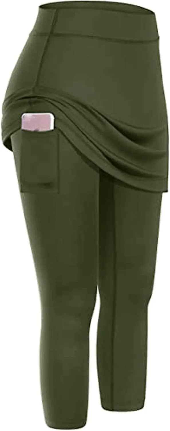 Womens Skirted Leggings with Tummy Control High Waist Athletic Workout Yoga Pants Fitness Tennis Skirt Sport Tights
