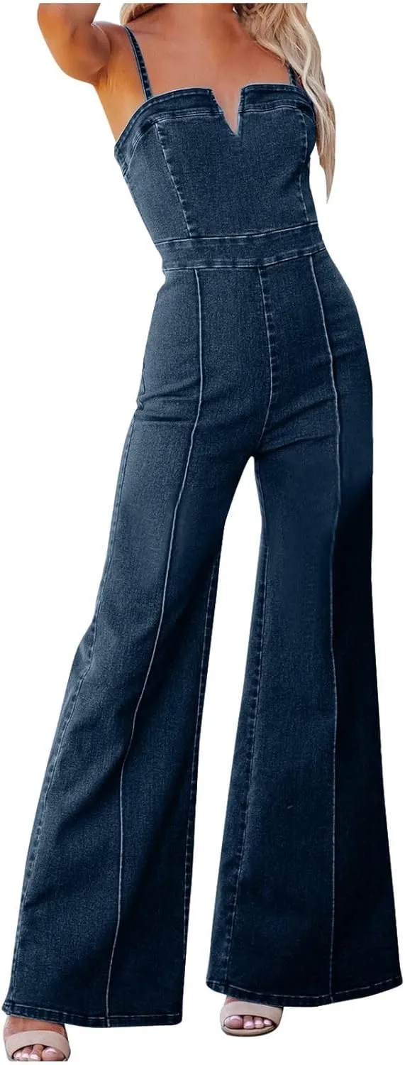 Women's Sleeveless Suspenders Sexy Jean Jumpsuit Flared Leg Pants Romper Tank Top Denim Catsuit Maxi