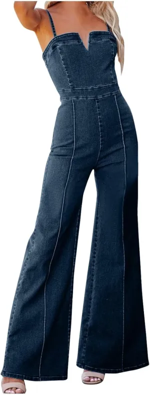 Women's Sleeveless Suspenders Sexy Jean Jumpsuit Flared Leg Pants Romper Tank Top Denim Catsuit Maxi