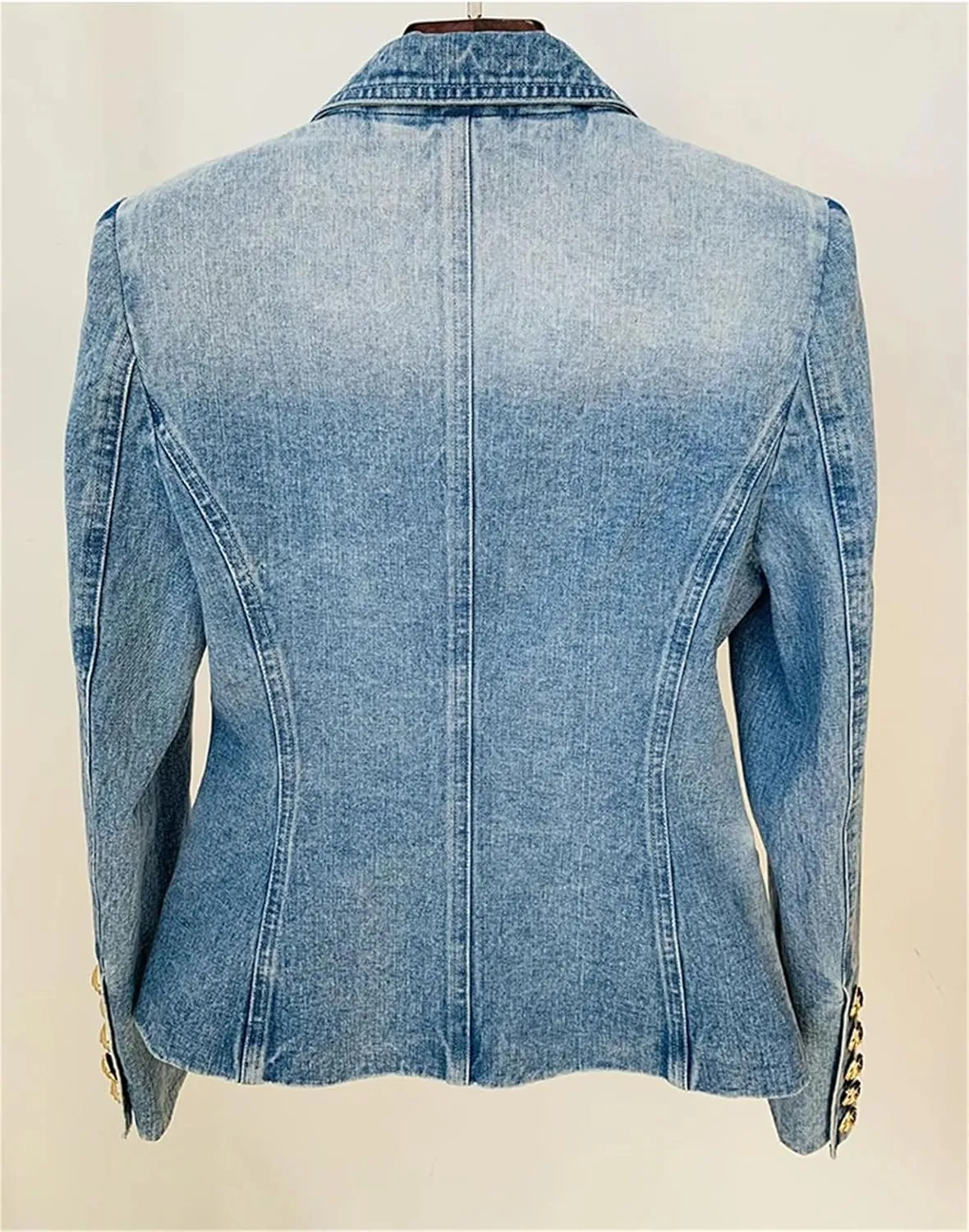 Women's Slim Fitting Double Breasted Denim Blazer High Street 2025 Notched Collar Lion Buttons Designer Jean Jacket