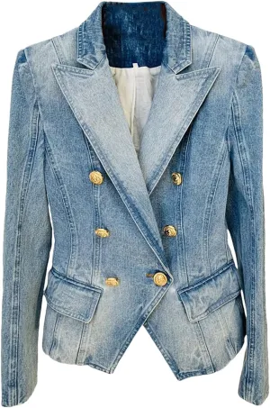 Women's Slim Fitting Double Breasted Denim Blazer High Street 2025 Notched Collar Lion Buttons Designer Jean Jacket