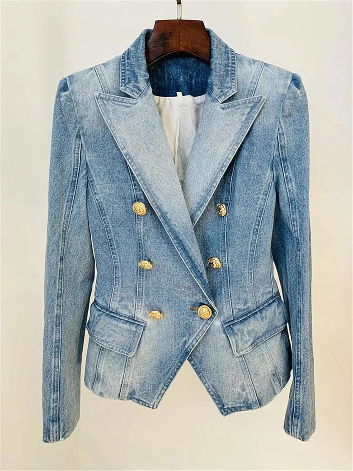 Women's Slim Fitting Double Breasted Denim Blazer High Street 2025 Notched Collar Lion Buttons Designer Jean Jacket