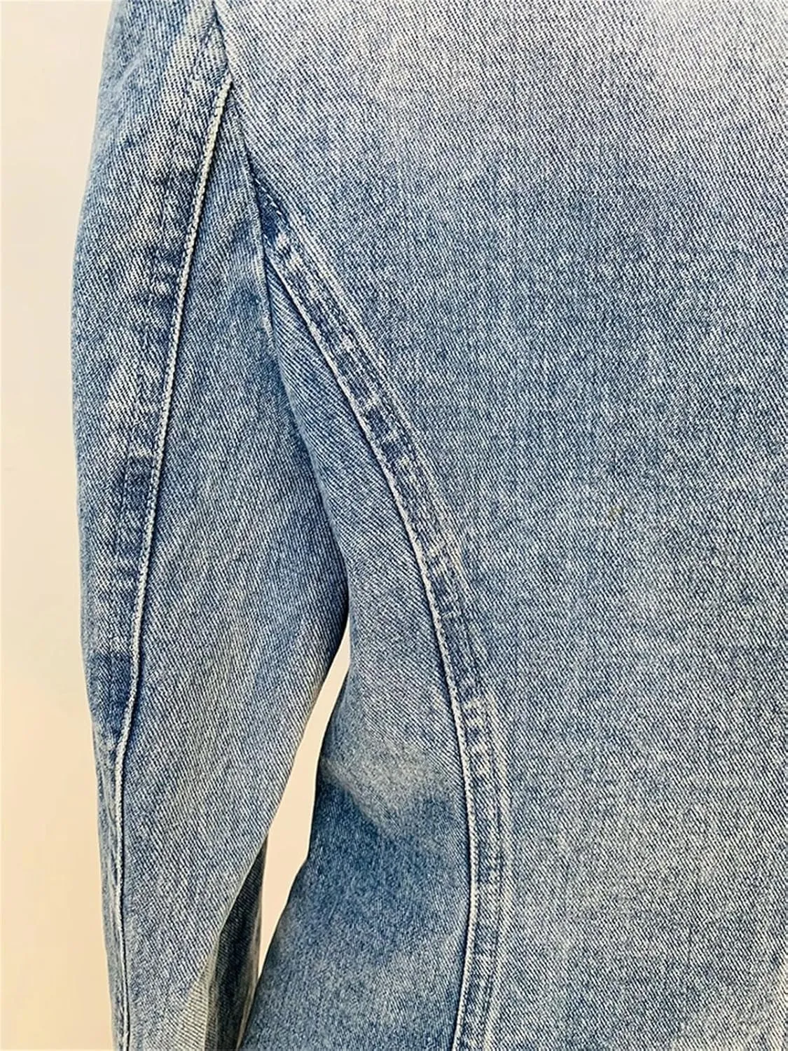 Women's Slim Fitting Double Breasted Denim Blazer High Street 2025 Notched Collar Lion Buttons Designer Jean Jacket