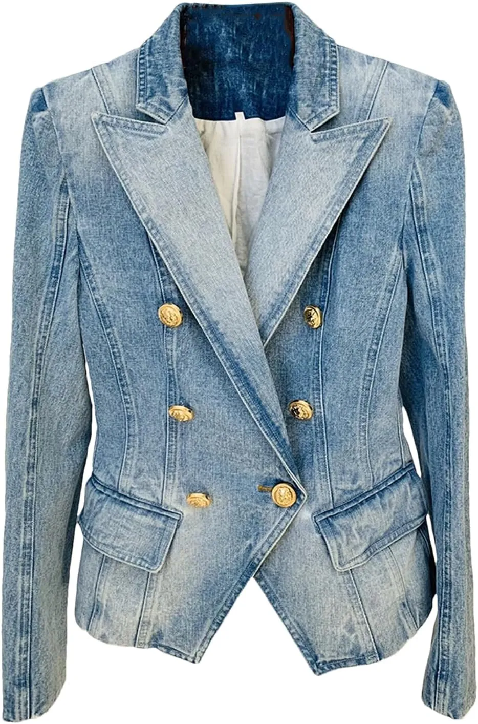 Women's Slim Fitting Double Breasted Denim Blazer High Street 2025 Notched Collar Lion Buttons Designer Jean Jacket