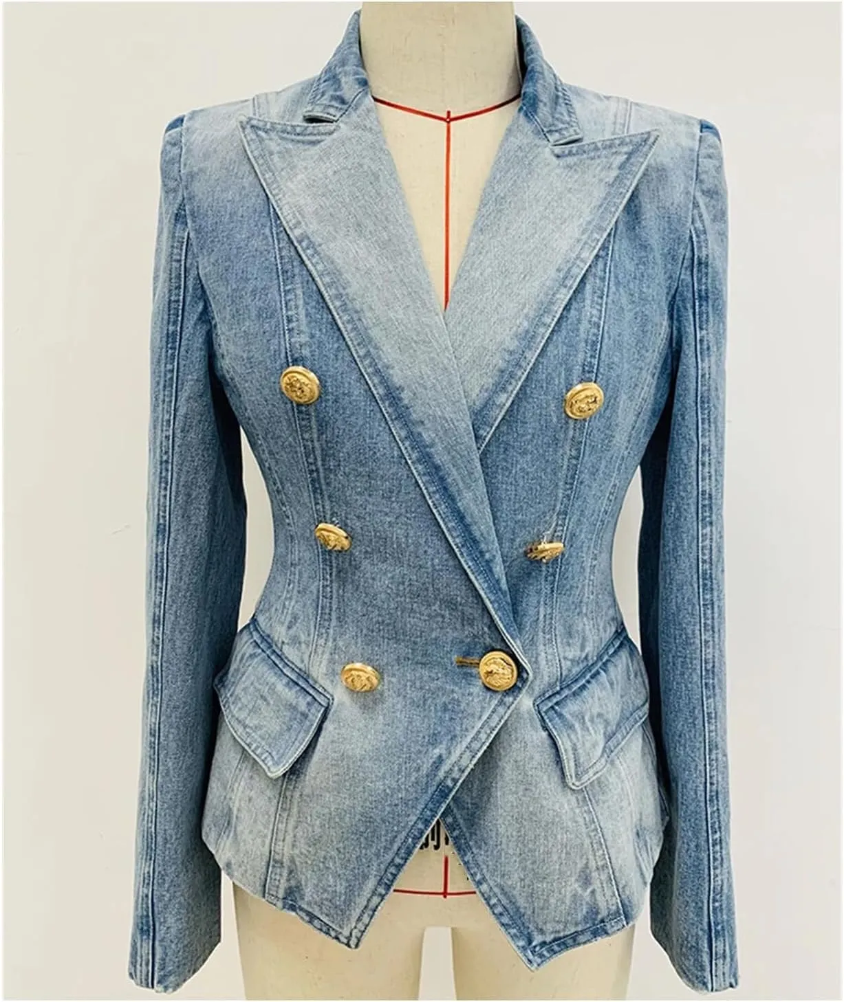 Women's Slim Fitting Double Breasted Denim Blazer High Street 2025 Notched Collar Lion Buttons Designer Jean Jacket
