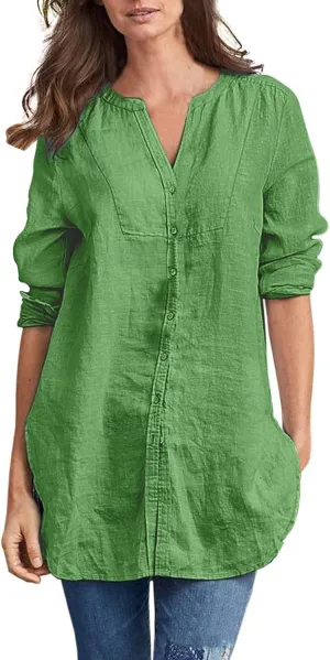 Women's Solid Color Linen Longline Shirt Cardigan Womens Raglan Shirts 3/4 Sleeve
