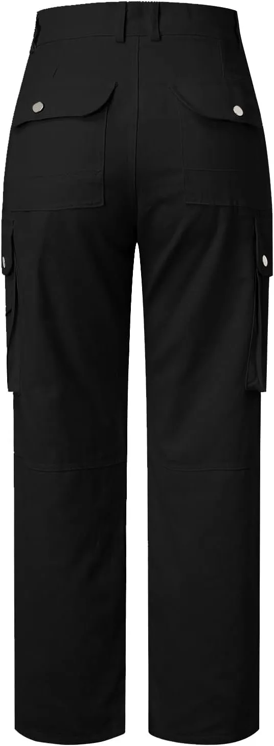 Womens Solid Color Slim Fit High Waist Multi Pocket Button Workwear Pants with Pockets Women Pants