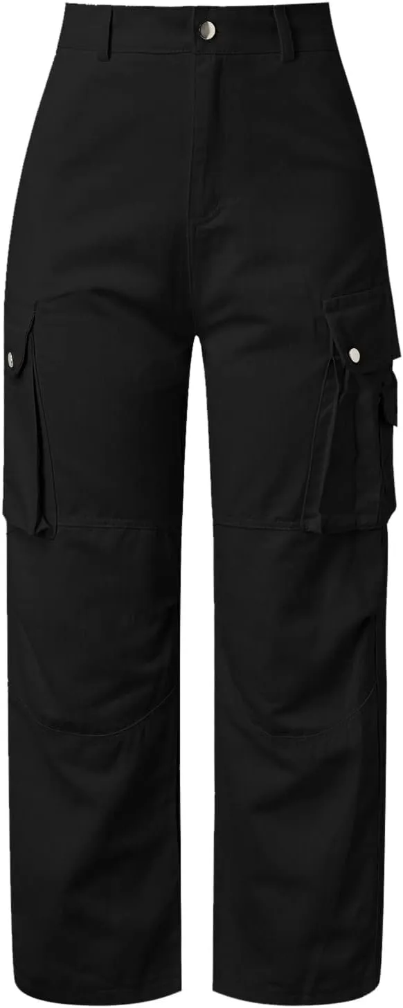 Womens Solid Color Slim Fit High Waist Multi Pocket Button Workwear Pants with Pockets Women Pants