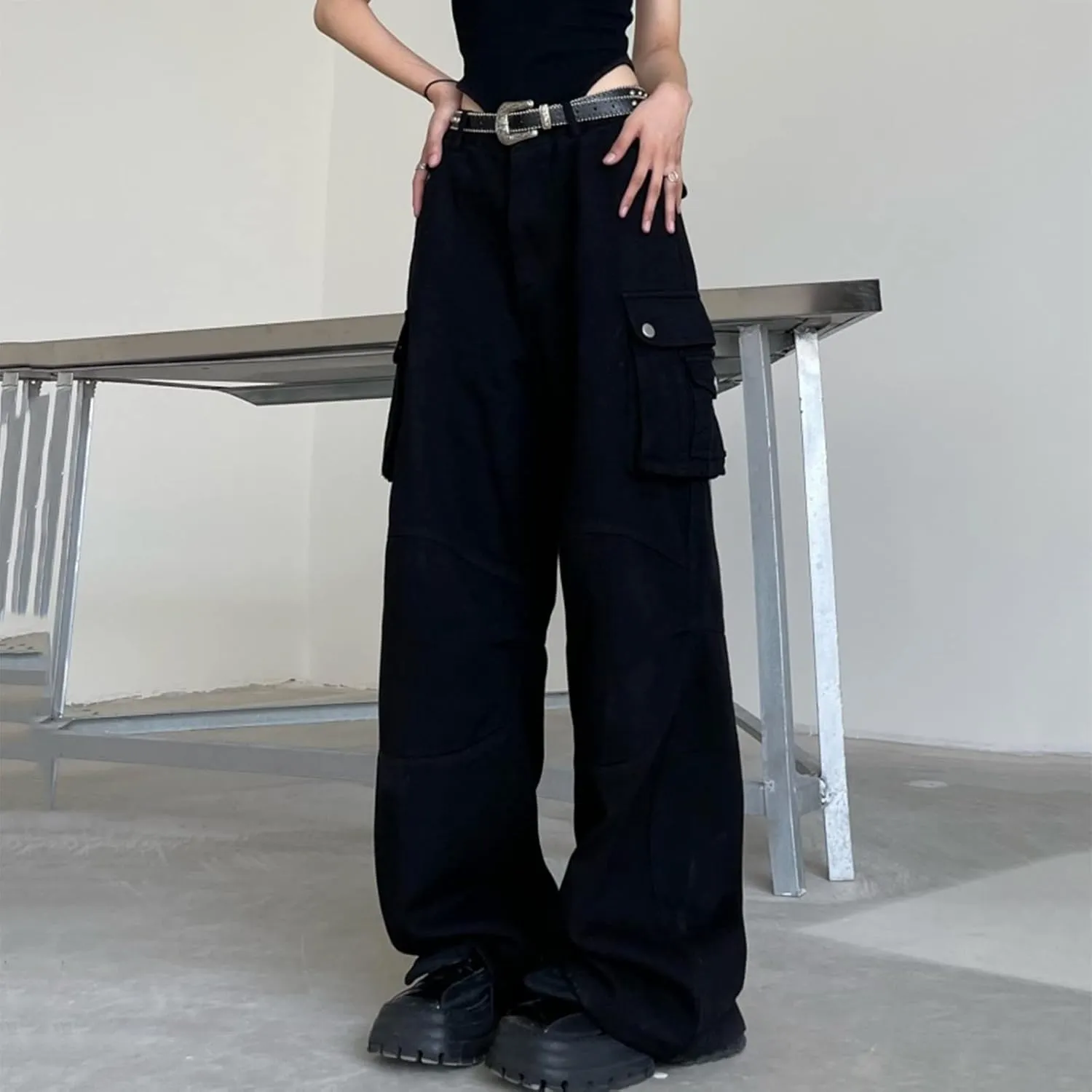 Womens Solid Color Slim Fit High Waist Multi Pocket Button Workwear Pants with Pockets Women Pants