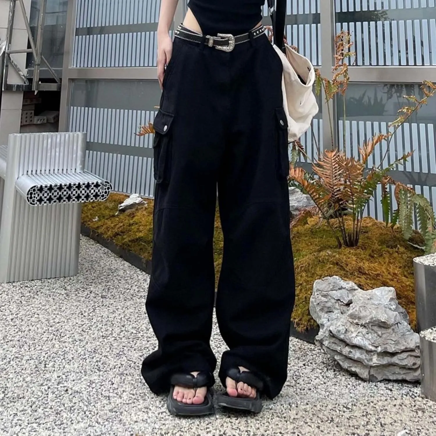 Womens Solid Color Slim Fit High Waist Multi Pocket Button Workwear Pants with Pockets Women Pants