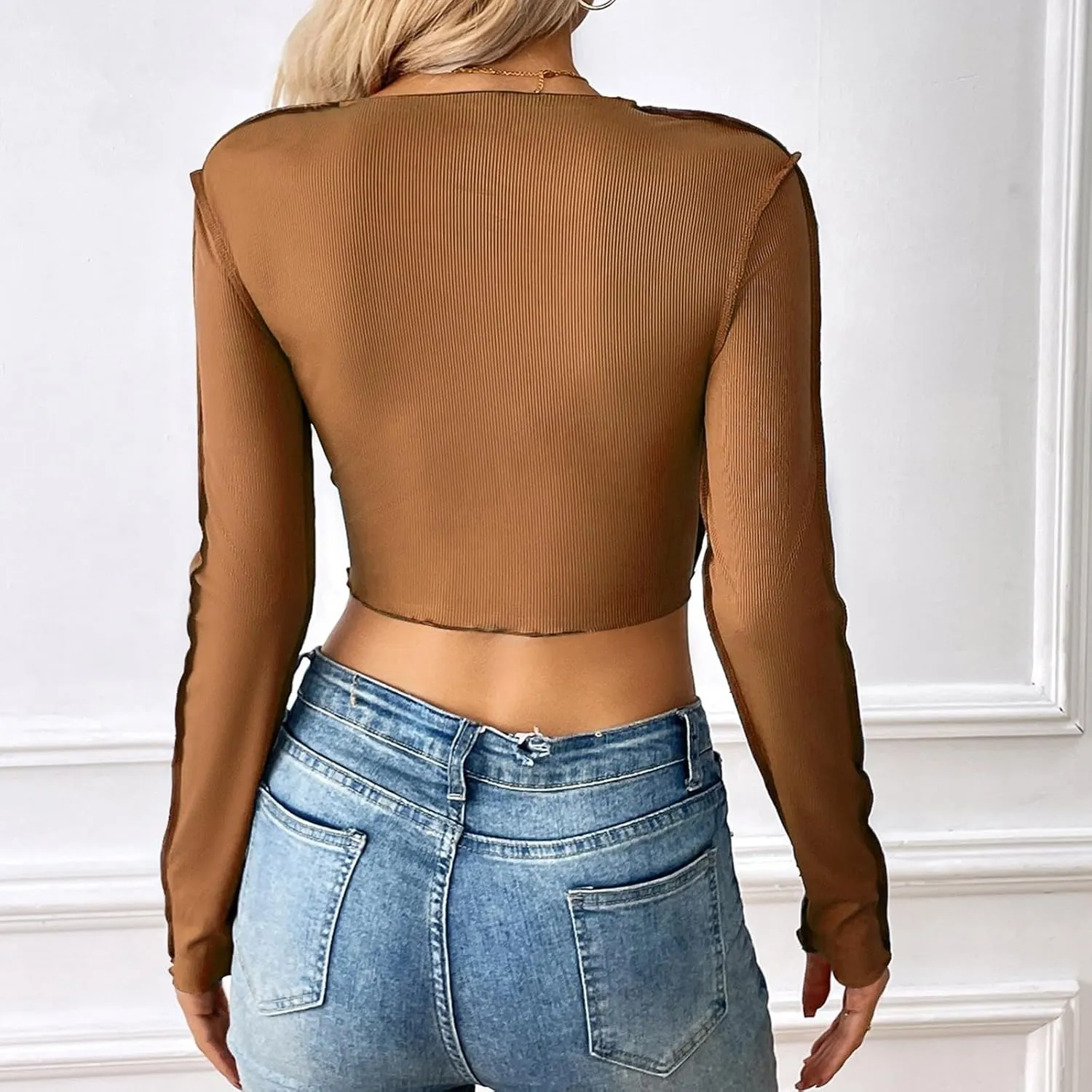 Women's Solid Color Slim Fit Short Crop Top with Exposed Seam Stitching Workout Loose Tops Women