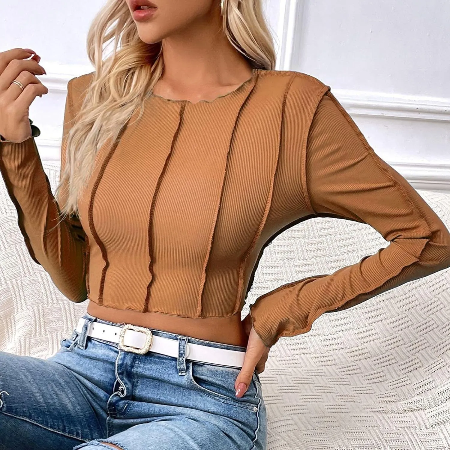 Women's Solid Color Slim Fit Short Crop Top with Exposed Seam Stitching Workout Loose Tops Women