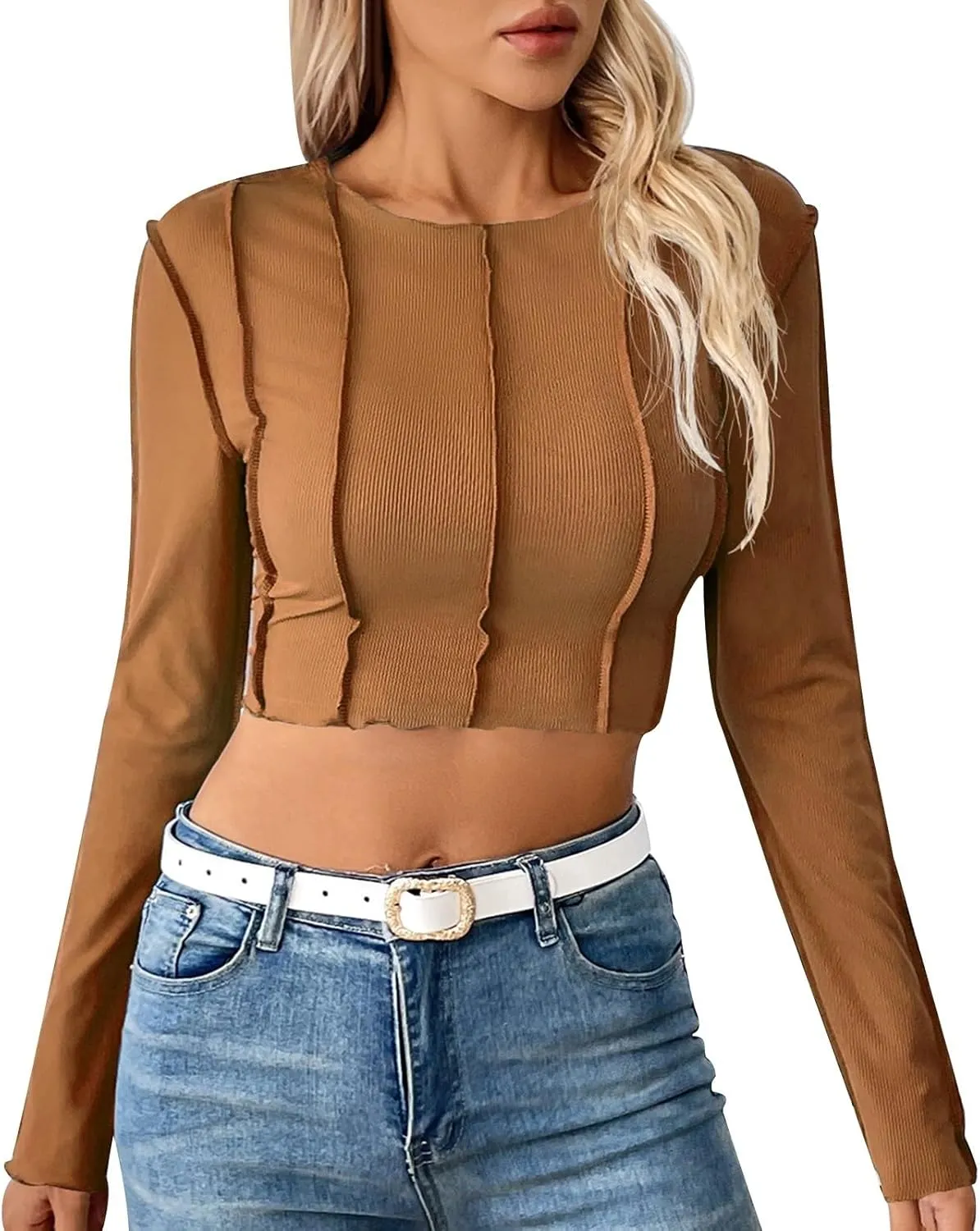 Women's Solid Color Slim Fit Short Crop Top with Exposed Seam Stitching Workout Loose Tops Women