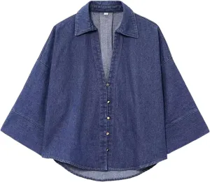 Women's Spring Lapel Collar Wide Sleeved Denim Shirts with Button Asymmetric Hem Shirts & Blouses