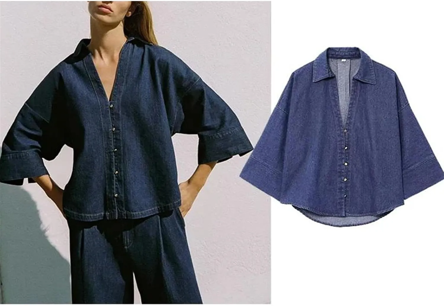 Women's Spring Lapel Collar Wide Sleeved Denim Shirts with Button Asymmetric Hem Shirts & Blouses
