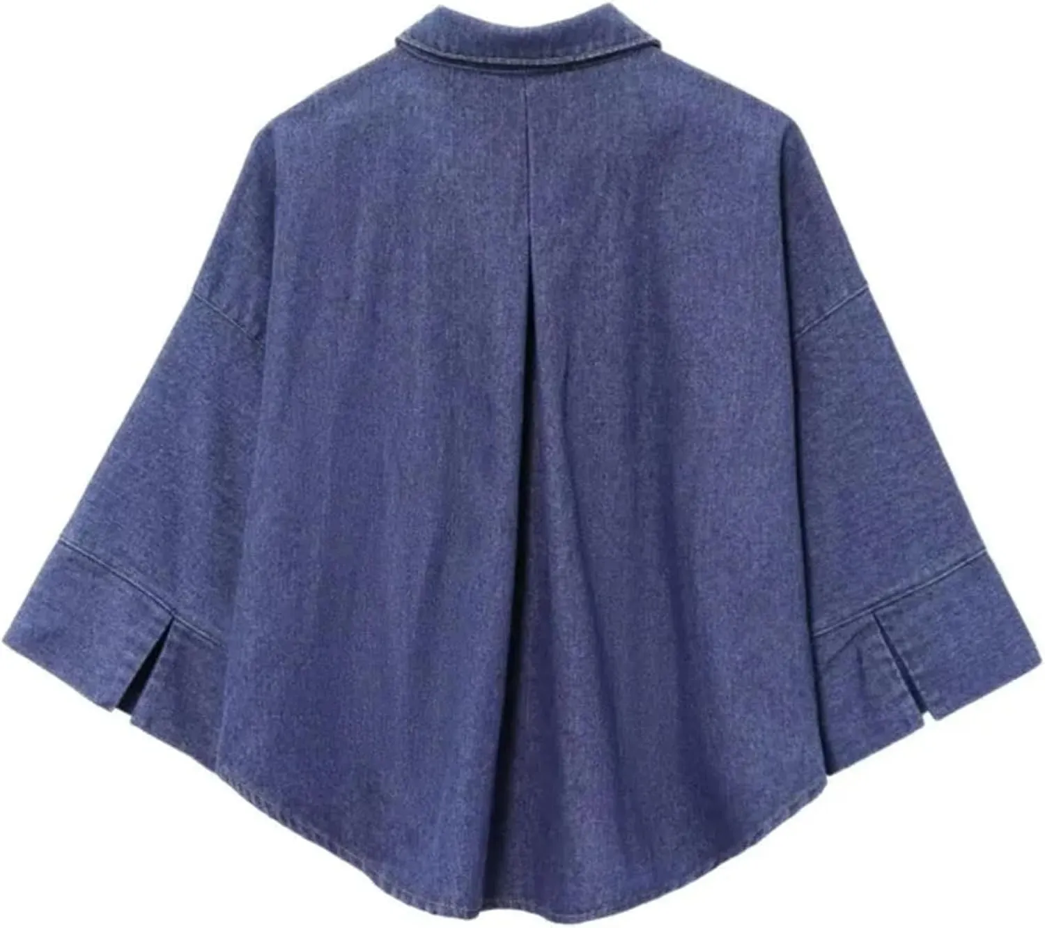 Women's Spring Lapel Collar Wide Sleeved Denim Shirts with Button Asymmetric Hem Shirts & Blouses