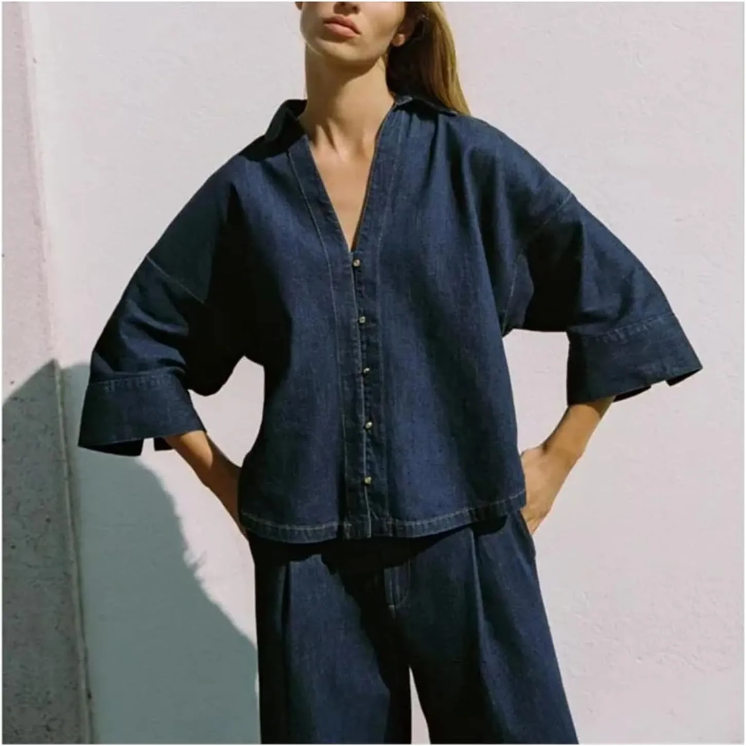 Women's Spring Lapel Collar Wide Sleeved Denim Shirts with Button Asymmetric Hem Shirts & Blouses