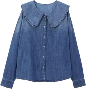 Women's Spring Vintage Fashion Lazy Style Denim Shirt Collar Button Versatile Jean Top Blouses