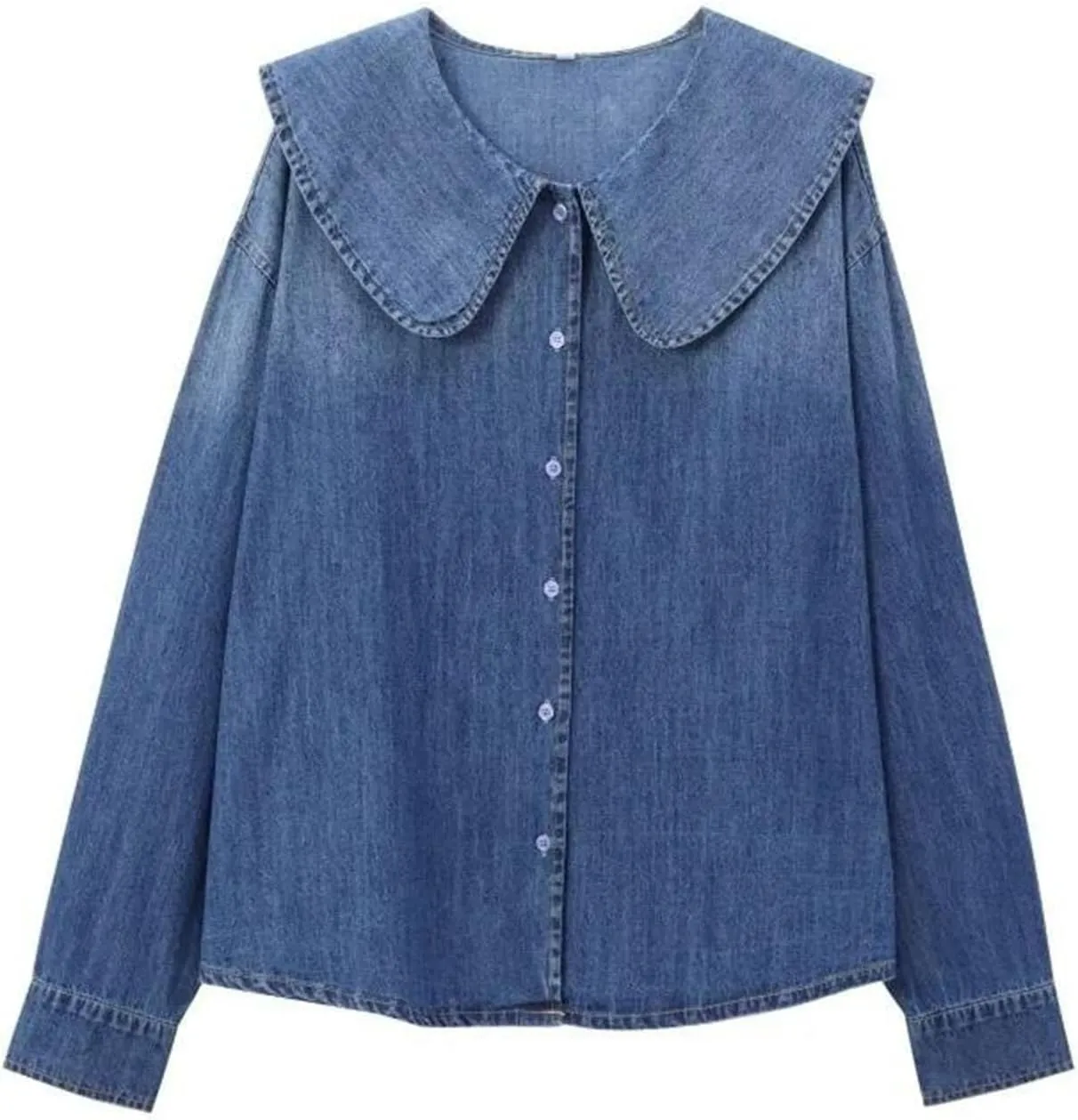 Women's Spring Vintage Fashion Lazy Style Denim Shirt Collar Button Versatile Jean Top Blouses