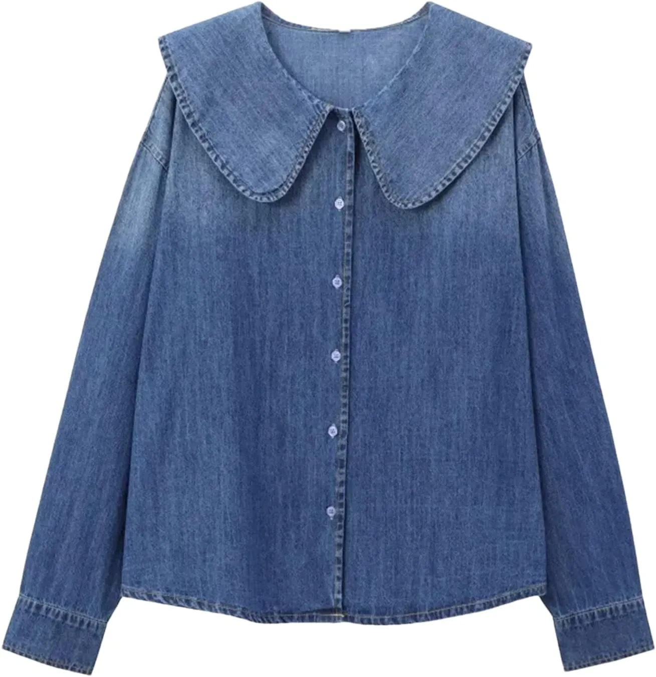Women's Spring Vintage Fashion Lazy Style Denim Shirt Collar Button Versatile Jean Top Blouses