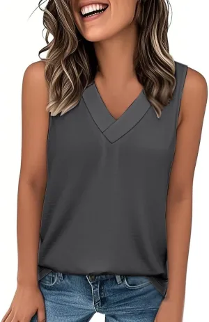 Womens Summer Tank Top Solid Color 2025 Vacation Sleeveless V Neck Loose Tee Beach Clothes Fashion Outfits