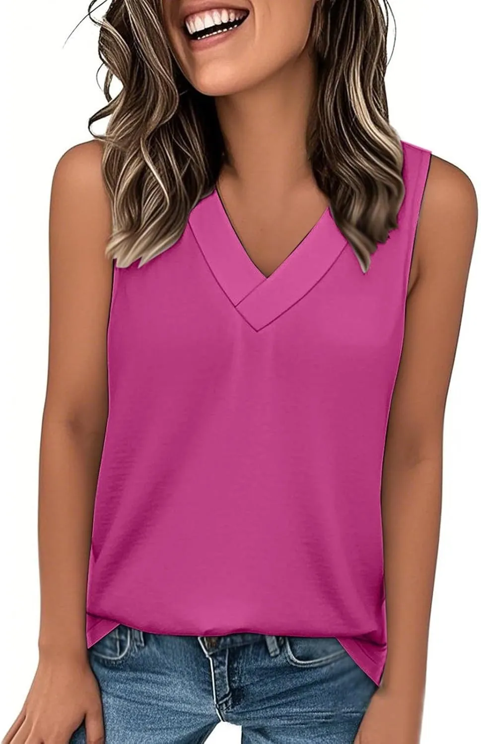 Womens Summer Tank Top Solid Color 2025 Vacation Sleeveless V Neck Loose Tee Beach Clothes Fashion Outfits