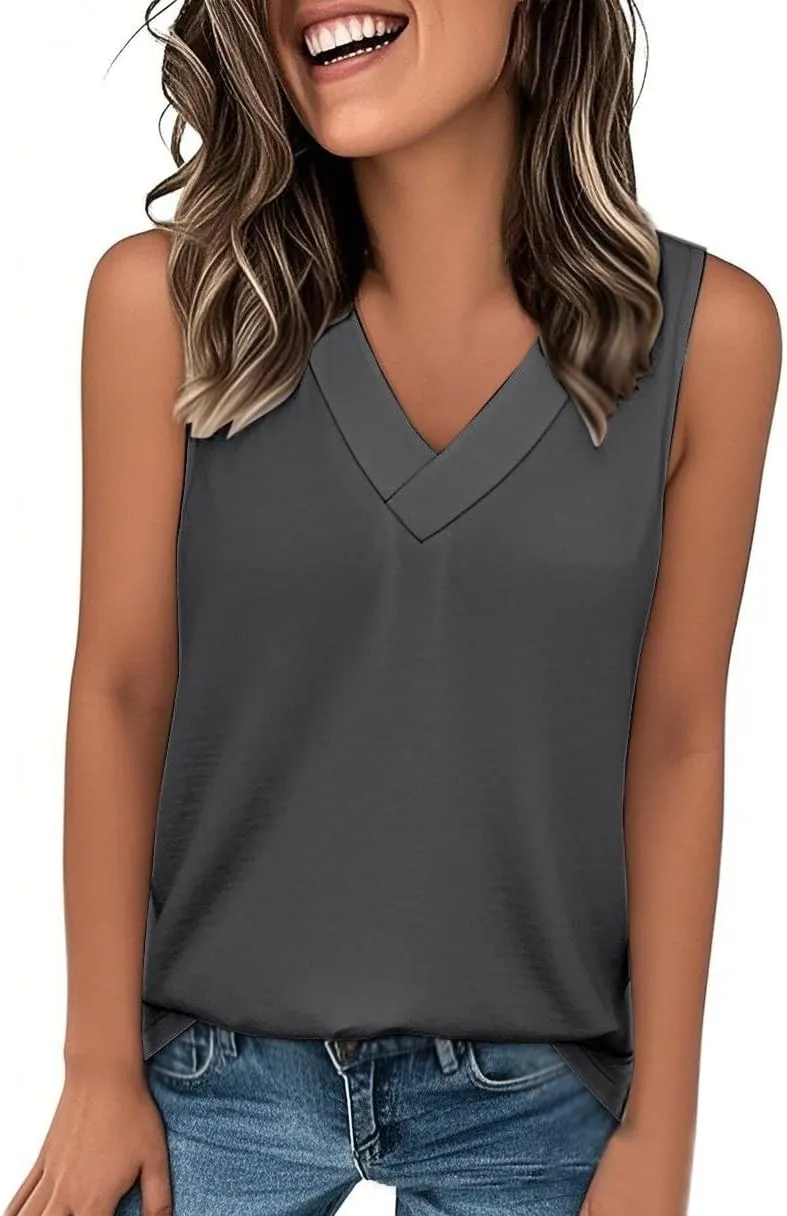 Womens Summer Tank Top Solid Color 2025 Vacation Sleeveless V Neck Loose Tee Beach Clothes Fashion Outfits
