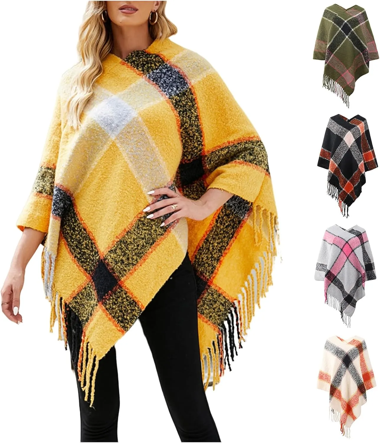 Women's Tassel Hem Sweater Fringe Shawl Wrap Long Cardigan Knitwer Pullover Poncho Sweater Soft Boho Cape Top Coat