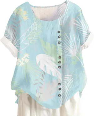 Womens Vintage Blouses Floral Tshirt Cute T Shirts Short Sleeve Linen Cotton Boho Tops Graphic Summer Tees