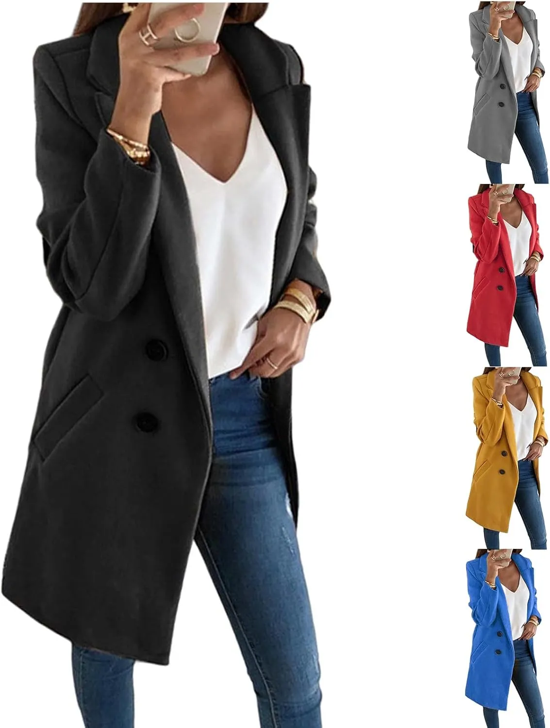 Womens Warm Winter Coat Double-Breasted Wool Blend Peacoat Fashion Notched Collar Overcoat
