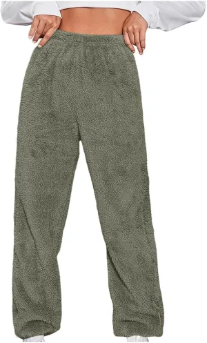 Womens Winter Fuzzy Lounge Pants Warm Soft Fleece Pajama Bottoms Pull On Trouser Sleepwear Cozy Sweatpant Oversize
