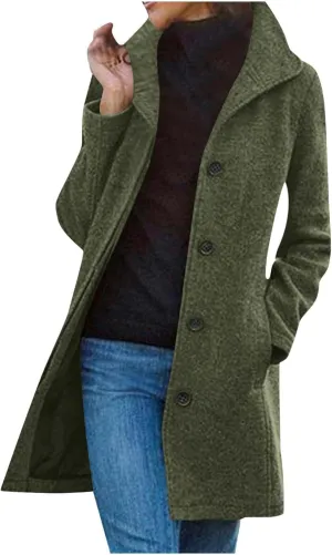 Women's Winter Wool Blend Pea Coat Casual Thicken Stand Collar Single Breasted Trench Coats Formal Office Jackets