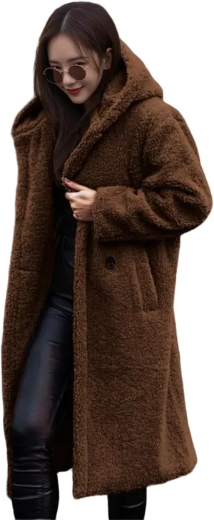 Womens Wool Blend Pea Coat Fuzzy Fleece Sherpa Long Hooded Jacket Warm Button Down Faux Fur Overcoat Outerwear