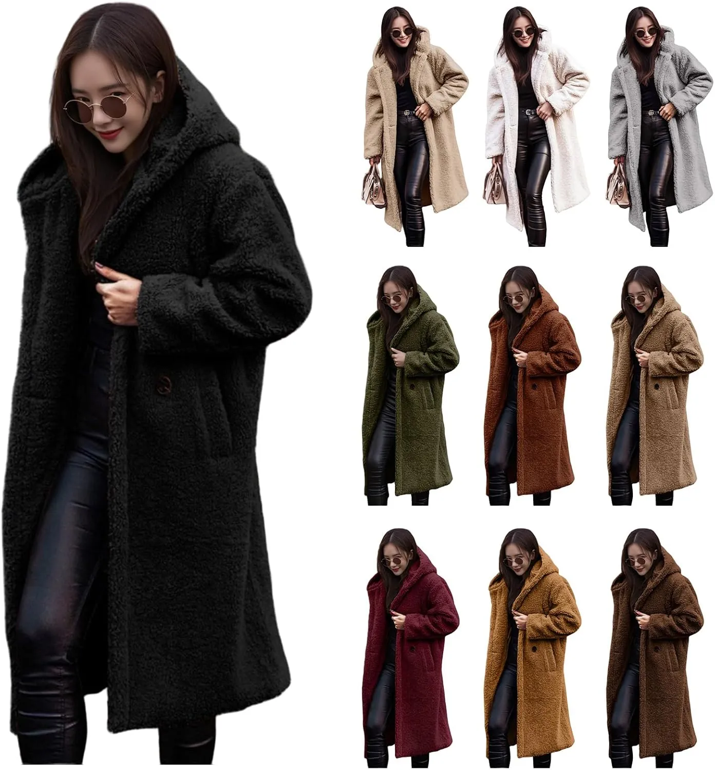 Womens Wool Blend Pea Coat Fuzzy Fleece Sherpa Long Hooded Jacket Warm Button Down Faux Fur Overcoat Outerwear
