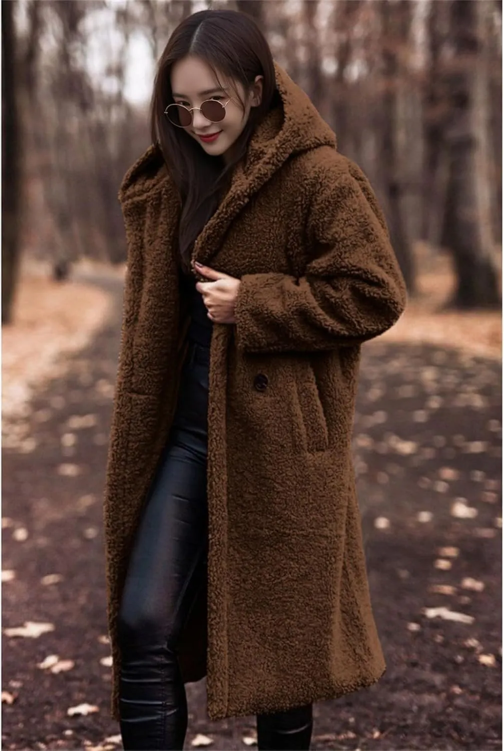 Womens Wool Blend Pea Coat Fuzzy Fleece Sherpa Long Hooded Jacket Warm Button Down Faux Fur Overcoat Outerwear