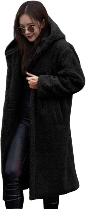 Womens Wool Blend Pea Coat Fuzzy Fleece Sherpa Long Hooded Jacket Warm Button Down Faux Fur Overcoat Outerwear