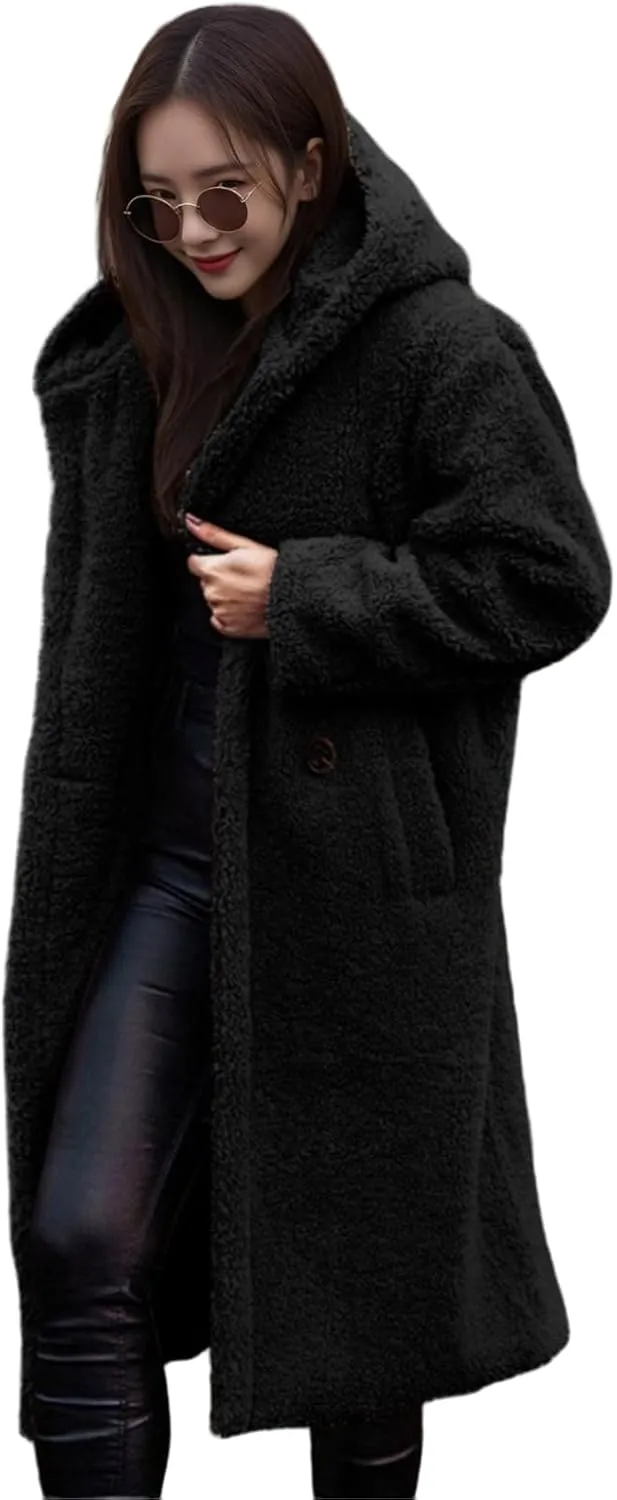 Womens Wool Blend Pea Coat Fuzzy Fleece Sherpa Long Hooded Jacket Warm Button Down Faux Fur Overcoat Outerwear