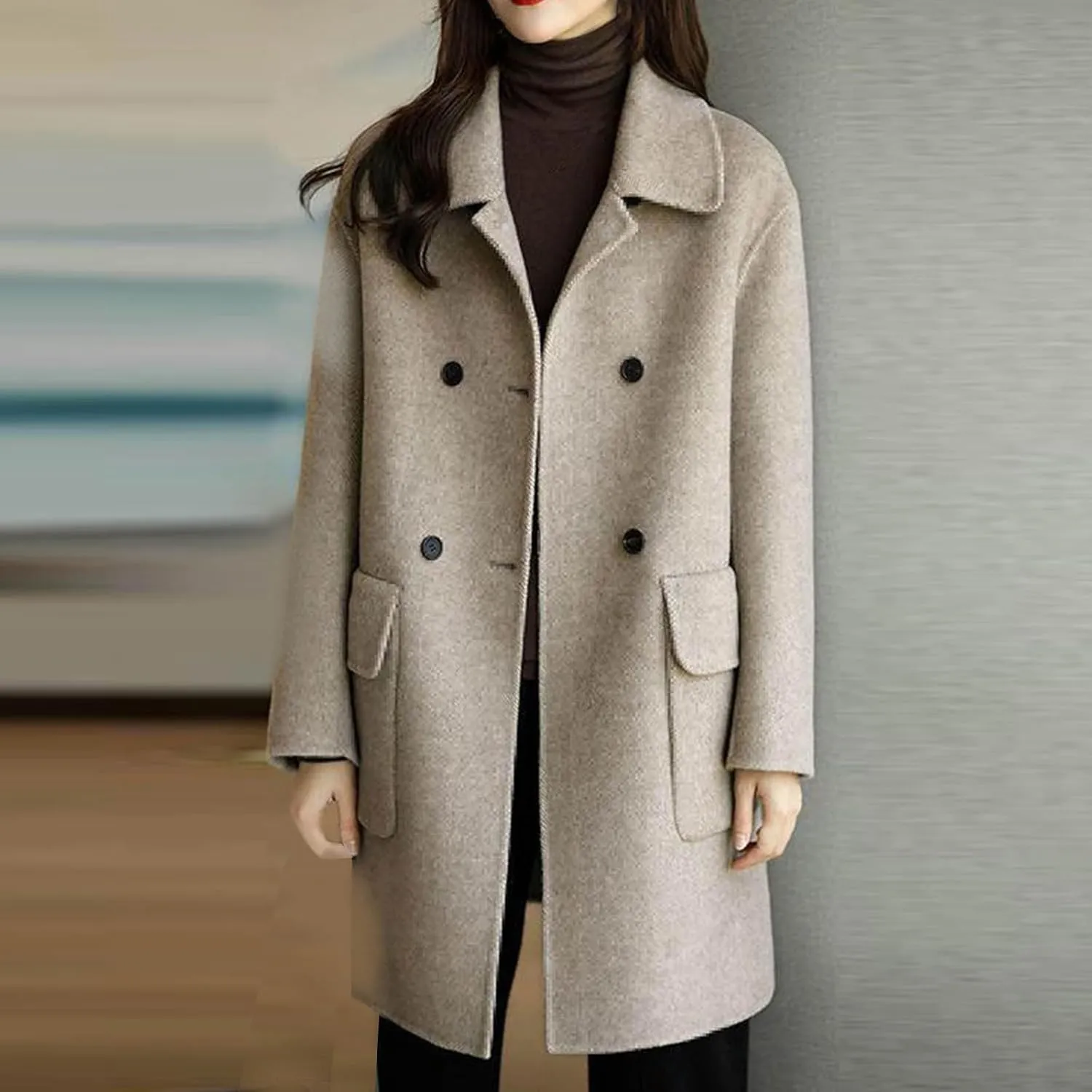 Womens Wool Blend Pea Coat Lapel Double Breasted Outerwear Trendy Jacket Business Overcoat Trench Coats with Pocket