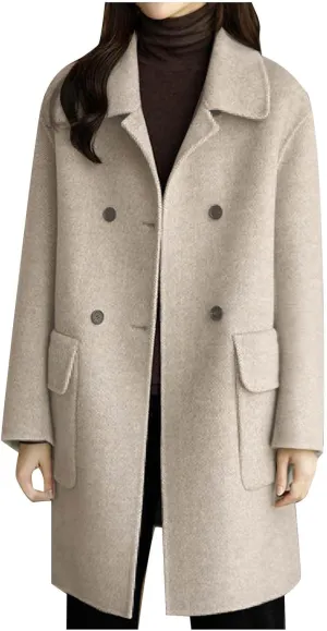 Womens Wool Blend Pea Coat Lapel Double Breasted Outerwear Trendy Jacket Business Overcoat Trench Coats with Pocket