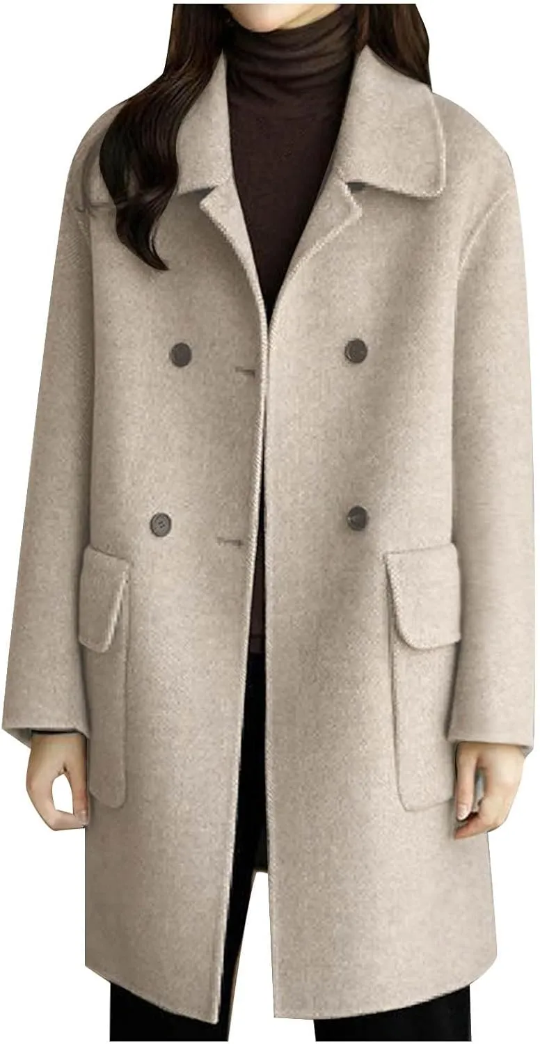 Womens Wool Blend Pea Coat Lapel Double Breasted Outerwear Trendy Jacket Business Overcoat Trench Coats with Pocket