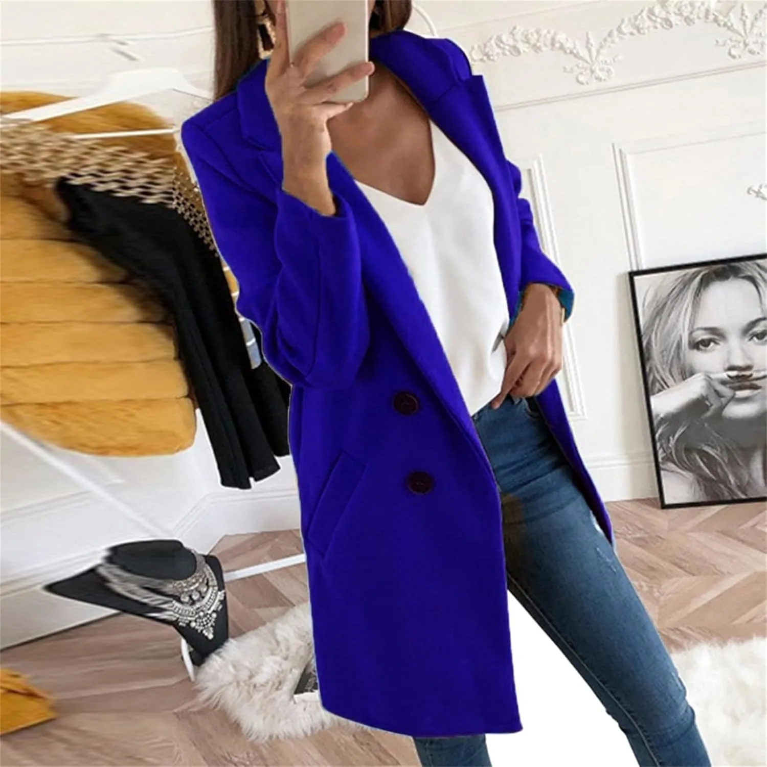Womens Wool Blend Winter Coats Notch Double-Breasted Lapel Jacket Long Sleeve Mid-Long Coat