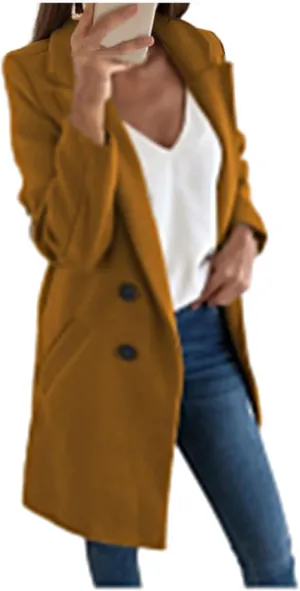 Womens Wool Blend Winter Coats Notch Double-Breasted Lapel Jacket Long Sleeve Mid-Long Coat
