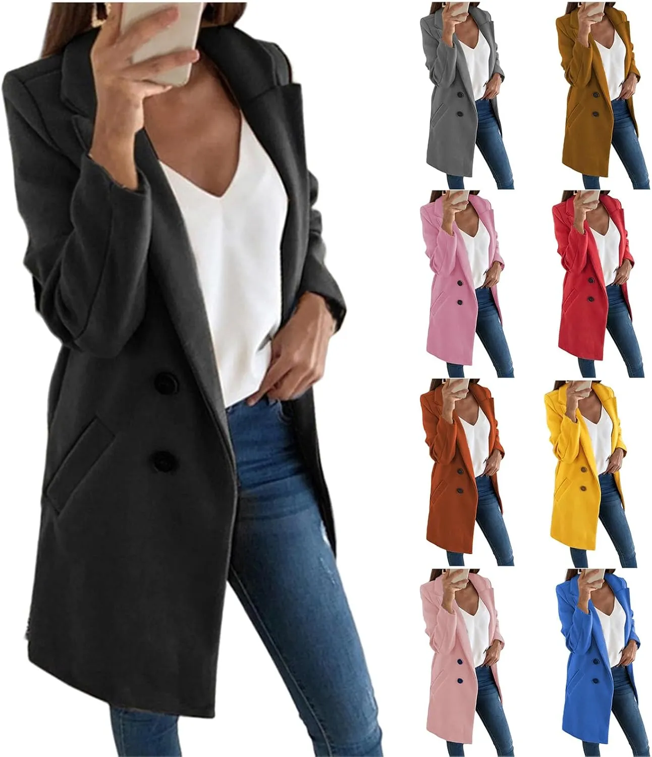 Womens Wool Blend Winter Coats Notch Double-Breasted Lapel Jacket Long Sleeve Mid-Long Coat