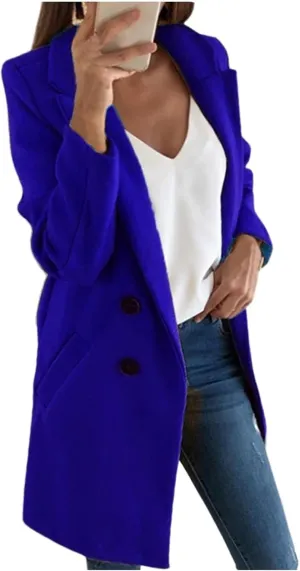 Womens Wool Blend Winter Coats Notch Double-Breasted Lapel Jacket Long Sleeve Mid-Long Coat
