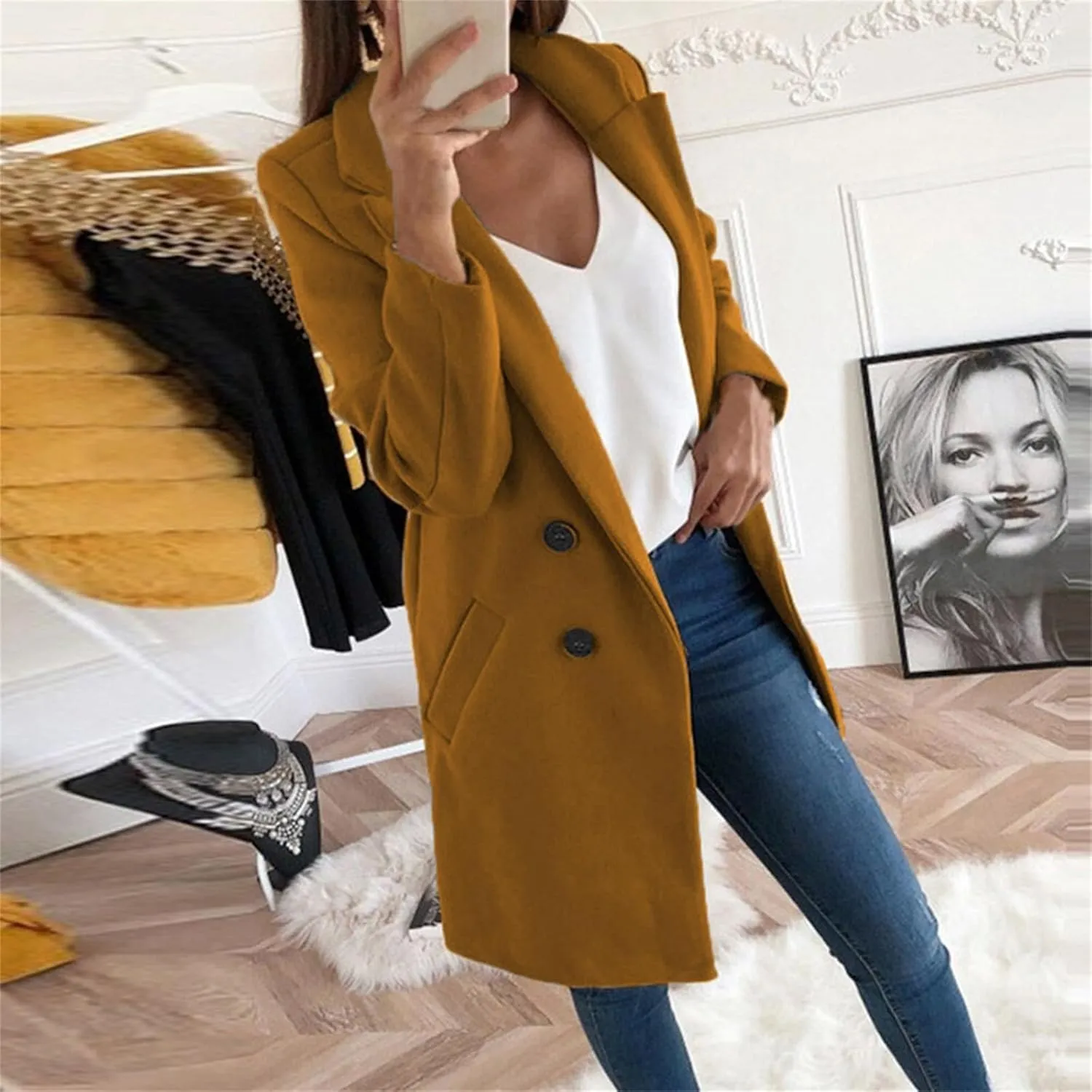 Womens Wool Blend Winter Coats Notch Double-Breasted Lapel Jacket Long Sleeve Mid-Long Coat