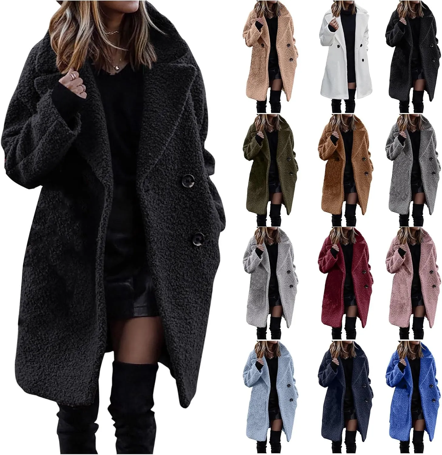 Womens Wool Coat Classic Double Breasted Lapel Collar Pea Coat Mid Long Winter Trench Jackets