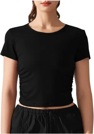 Women's Yoga T-Shirts Fashion Crewneck Pleated Cropped Tops Lightweight Breathable Quick Dry Athletic Workout Tees