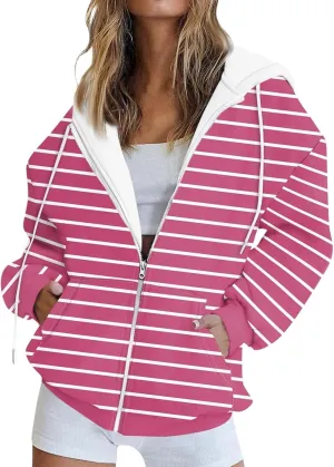 Womens Zip Up Hoodies Casual Color Block Jackets Stripe Drawstring Hooded Long Sleeve Sweatshirts
