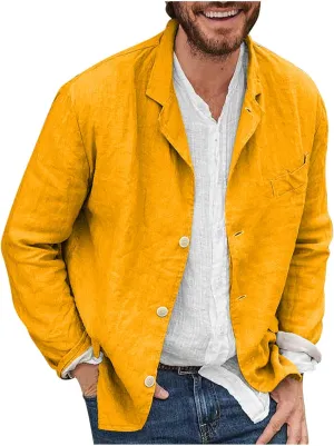 XUNRYAN Men's Blazer Jacket Cotton Linen Sports Coats Regular Fit Button Up Overshirt Long Sleeve Shacket Jacket Casual Suit