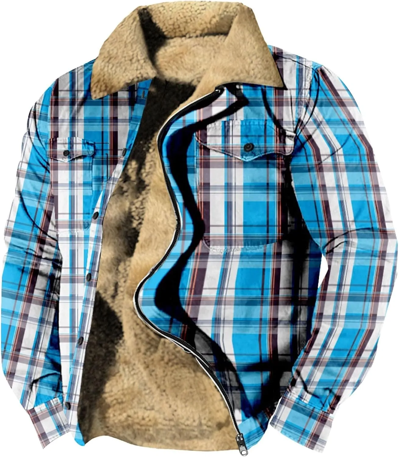 Ymosrh Men's Fashion Jacket Plaid Sherpa Lined Fleece Turn-Down Collar Trucker Jackets Warm Winter Coats Jacket, M-5XL